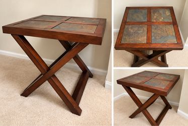 Wood and Slate Tile Top Side Table