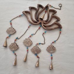 DecMode 30" Gold Mango Wood Lotus Floral Windchime with Glass Beads and Cone Bells
