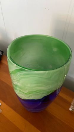 Vintage Murano Style Art Glass Vase - Green & Cobalt Blue Marbled Swirl