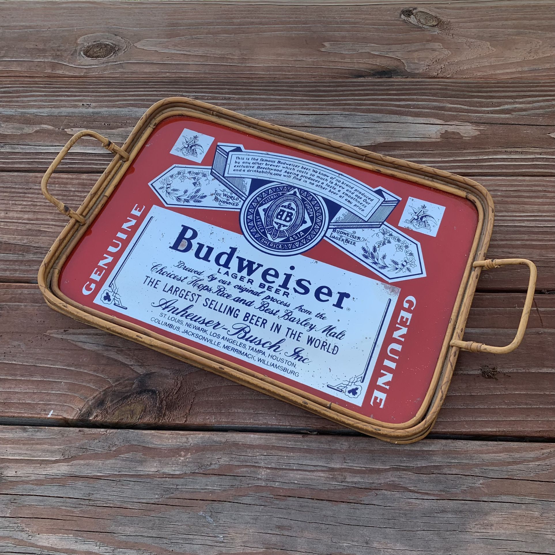 Mirrored Budweiser Advertising Tray with Rattan Edges