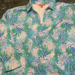 Lilly Pulitzer Clanton Popover long-sleeve top in the Aqua Strong Current print.