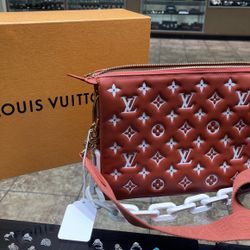 LOUIS VUITTON  LAMBSKIN EMBOSSED MONOGRAM COUSIN PM TERRACOTTA BROWN