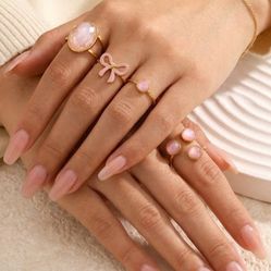 3pcs/Set Stainless Steel Fashionable Pink Geometric Oval & Round Bow Tie Ring Set, Suitable For Women Everyday Wear