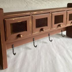Vintage Upcycled Rustic Wooden 4-Drawer Wall Shelf And Coat Hanger 