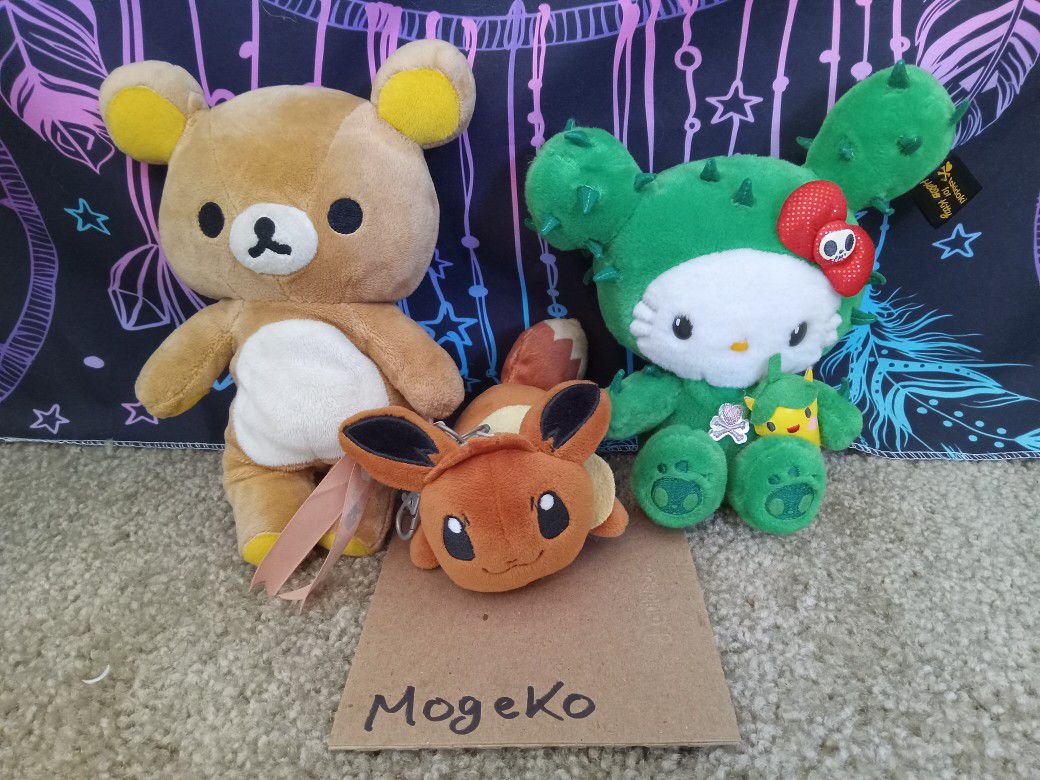 Rikkumon (From Japan), Hello Kitty X Tokidoki (From Sanrio Store), Eevee (Not Authentic) Plushies Used No Tags