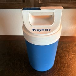 vintage Igloo Playmate half-gallon water jug cooler in blue and white.  