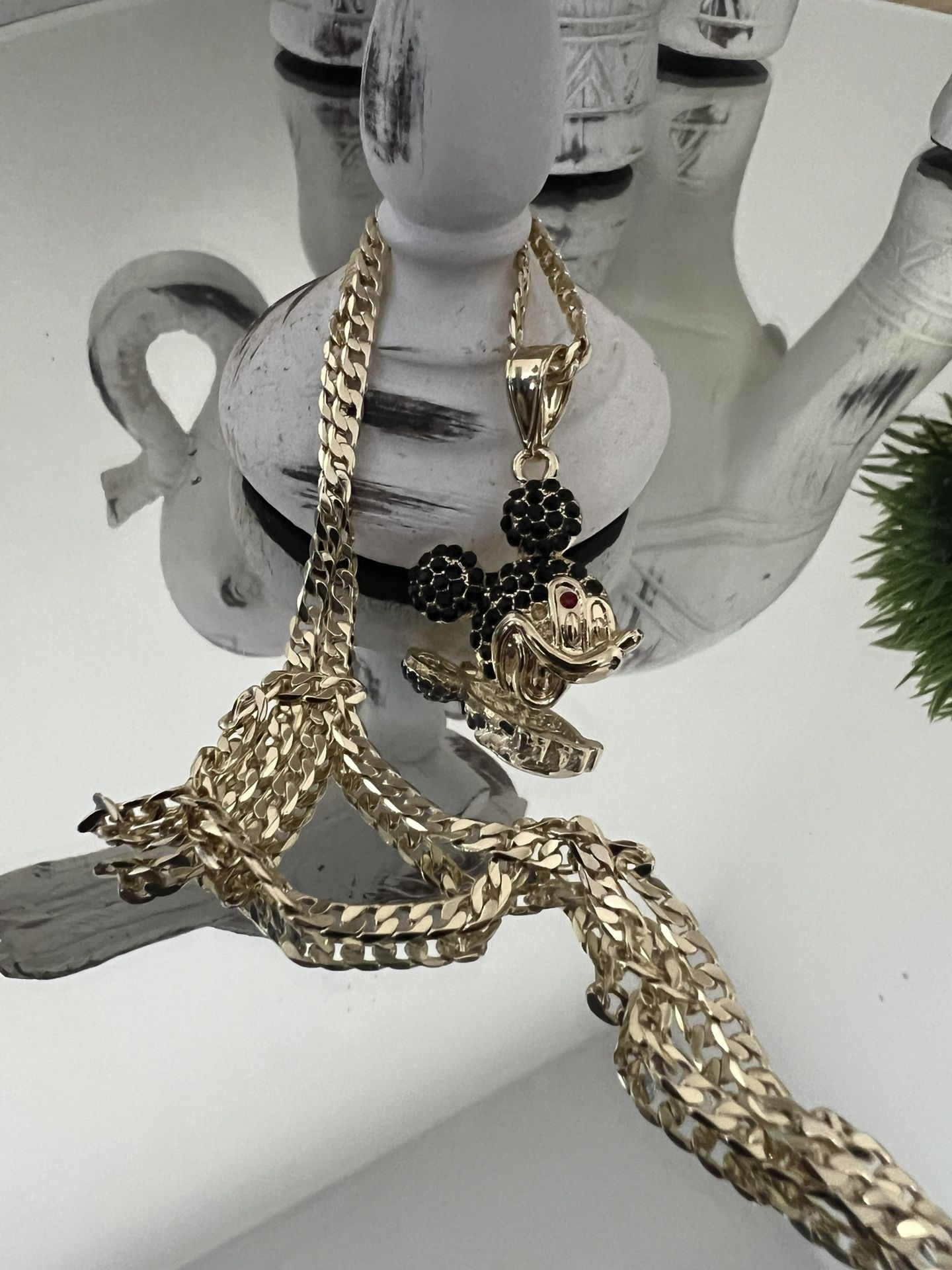 Mickey Black Rhinestone Gold Plated Pendant With Chain Necklace 18” 3mm