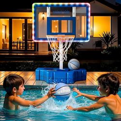 Pool Basketball Hoop – Splashside Poolside, Adjustable Height, and Rust-Resistant, with LED Lights, Premium Balls, Pump & Easy Setup | Water-Treated B