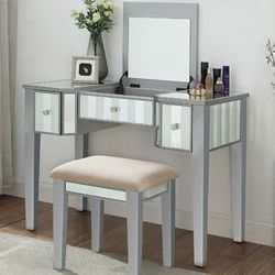 Brand New Silver & Mirrored Vanity w Stool