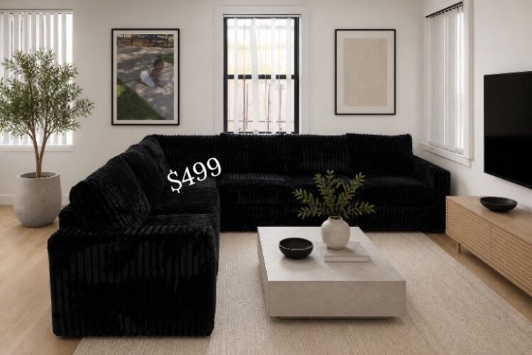 Gorgeous! 4-Pc Black Furlike Jumbo Corduroy Sectional Sofa