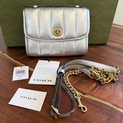 Nwt Metallic Silver Bag Coach Kip Turnlock Crossbody with Quilting
