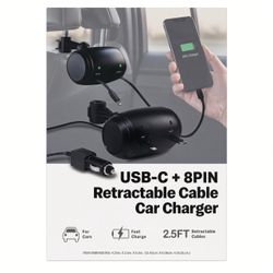 Retractable Backseat Car Charger Station - Headrest Mount (USB-C & Lightning/8-Pin) - Open Box, Unused
