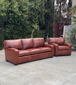 Arhaus Cambridge Top Grain Brown Leather Sofa & Chair Living Room Set