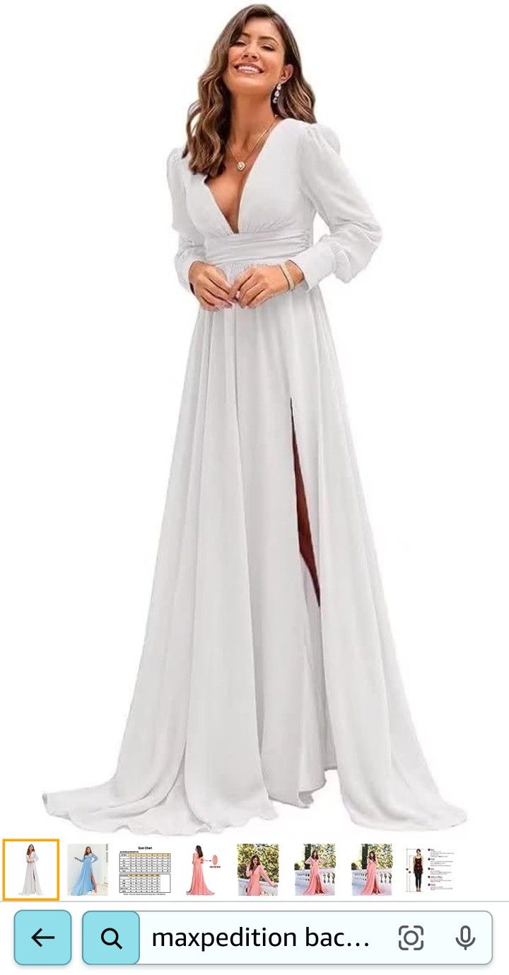 Long Sleeves Bridesmaid Dress for Women A Line Deep V Neck Chiffon Prom Dress  Floor Length Evening Dress with Split