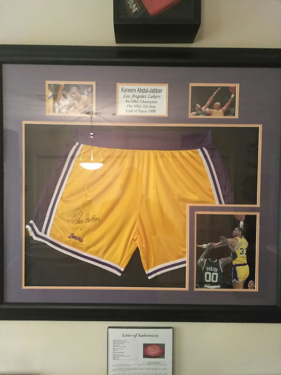 One of a kind hand signed Kareem Abdul jabbar period correct game short's with certificate of authenticity and stats