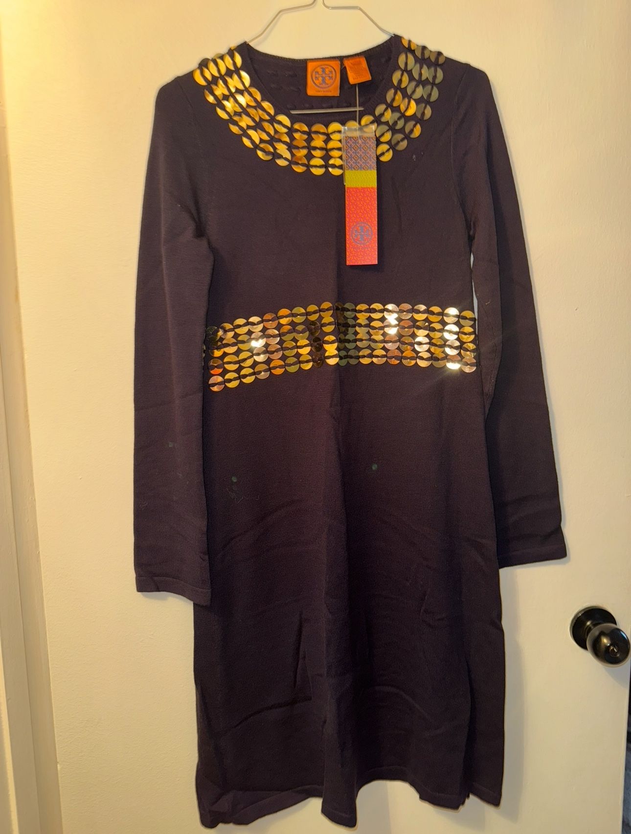 Vintage Tory Burch Gold Sequin Navy Wool Sweater Dress (Pailette) NWT/Size Small