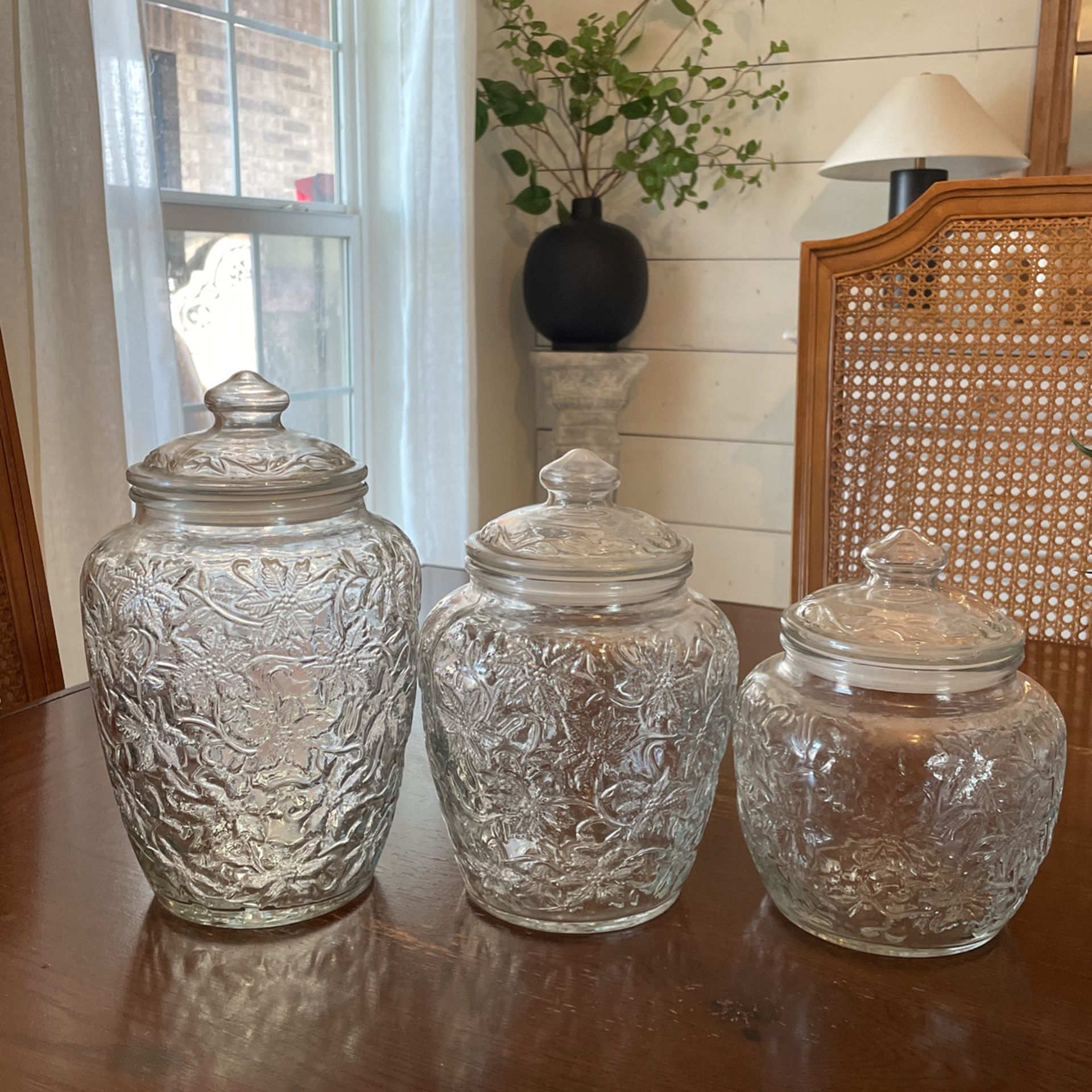 Princess House Fantasia Canisters Clear Glass Floral Storage