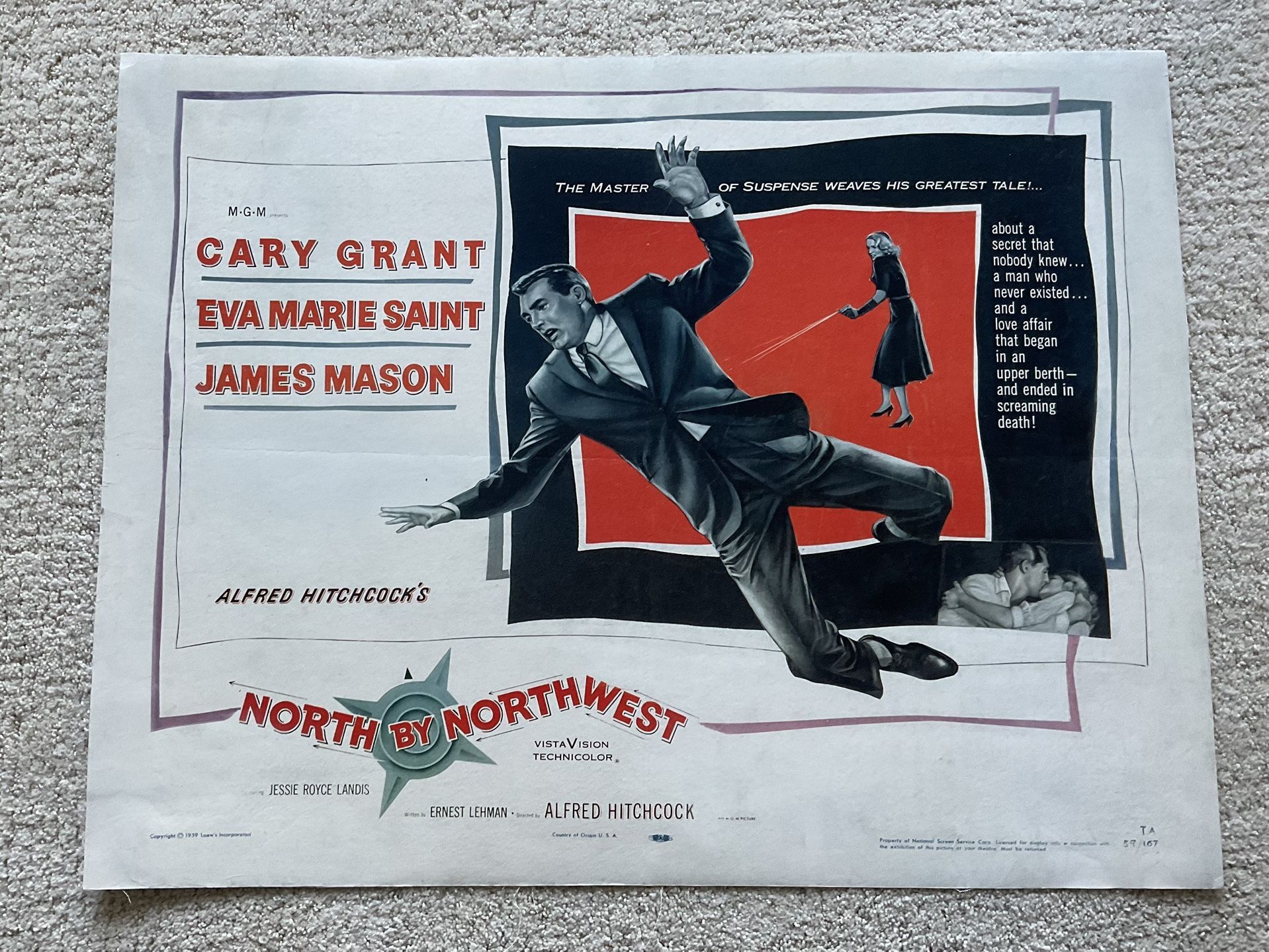 Original Vintage 1959 Alfred Hitchcock’s “North By Northwest” Movie Half Sheet Cary Grant
