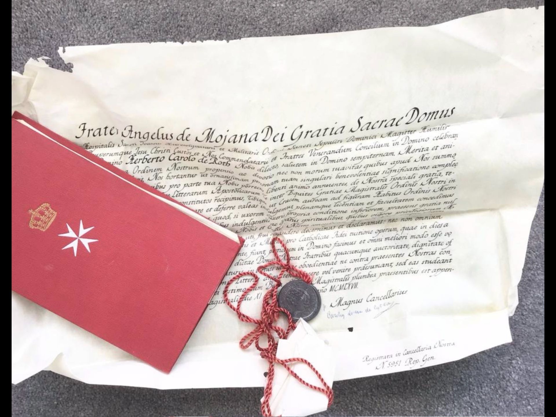 1967 Christian Historical Document Order Of Malta + Bulla Metal Wax Seal Catholic Relic