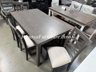 NEW 6 PIECE Dining Room Table Chair and Bench Set Kitchen Furniture Grey Gray Fabric Upholstered Cushion Wood Discount Furniture Warehouse BIG SALE