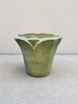 Vintage Green Ceramic Flower Petal Planter – 12” Tall – Drain Hole