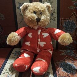 VALENTINES DAY TAN TEDDY BEAR RED W/WHITE HEARTS PAJAMAS PLUSH  