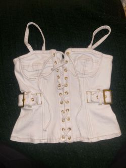 Y2K white denim lace up corset top with buckles