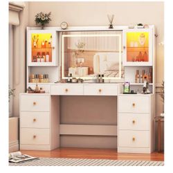 New 62” White Vanity Desk w/ Tempered Glass, LED Lights