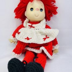 Crochet Doll Ice Cream Face Red & White Dress Red Yarn Hair Plush Black Shoes