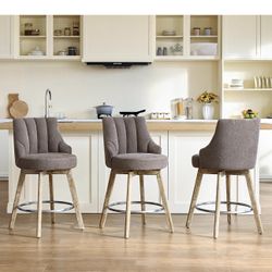 Counter Height Bar Stools,Swivel Bar Stools with Backs,Barstools Set of 3,26'' Solid Wood Legs,Thick Seat Upholstered Linen Fabric Counter Height Stoo