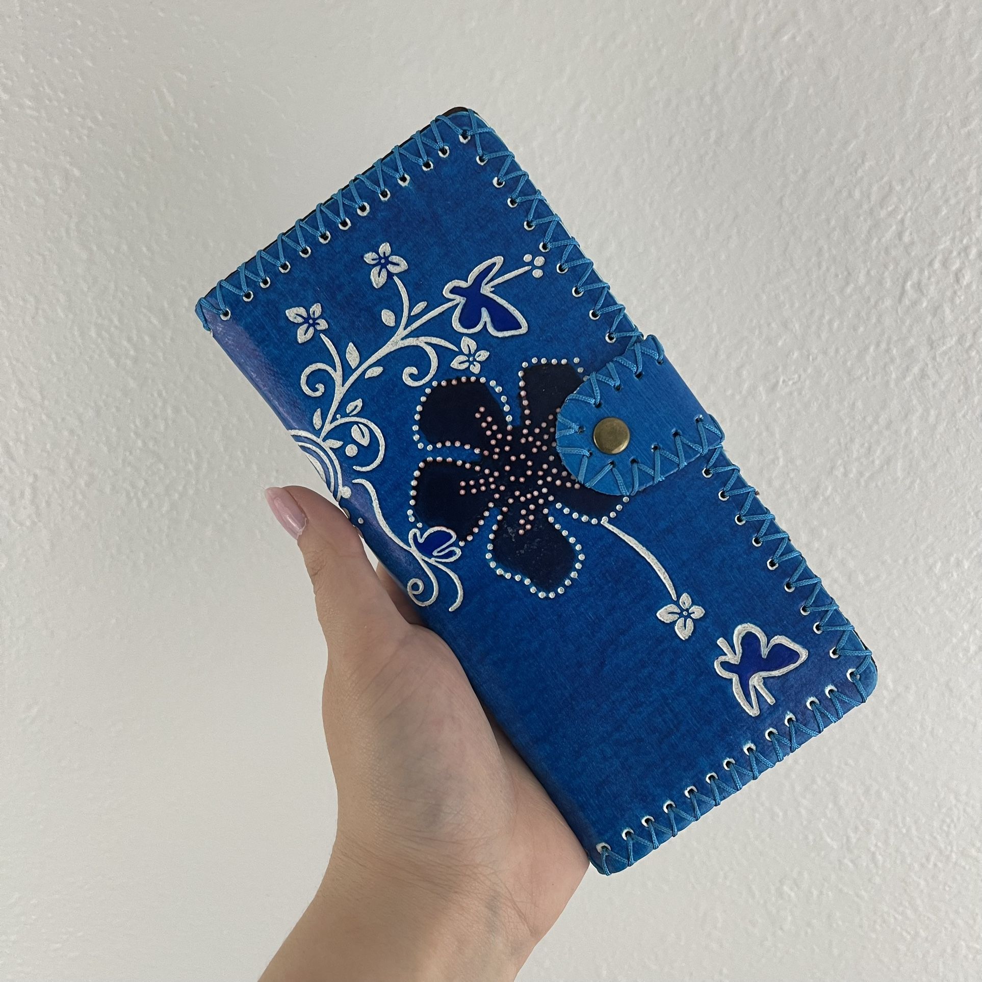 Handmade Boho Blue White Tooled Leather Floral Butterfly Whipstitch Snap Wallet