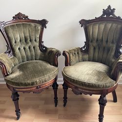 Hand Carved Antique Walnut Parlor Chairs, 1880s, Renaissance Revival Style 