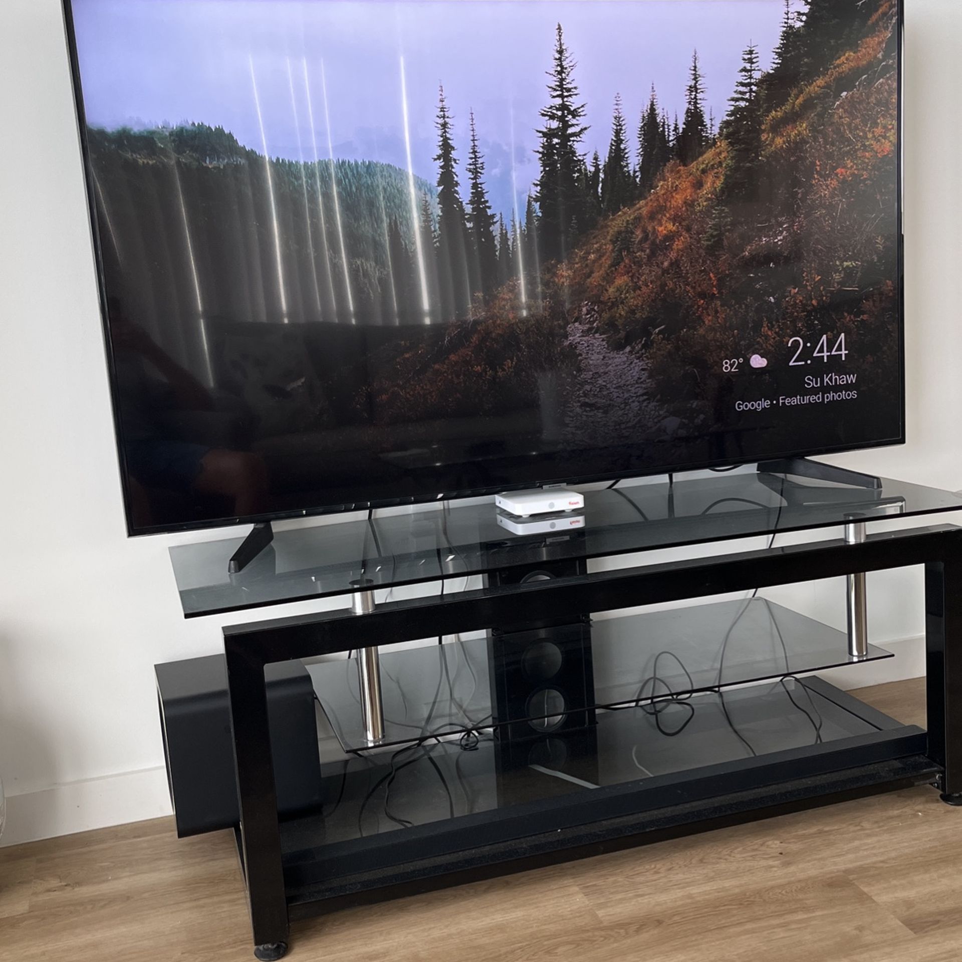 65” Samsung Smart TV, Samsung Sound Bar And TV Glass top and shelf stand