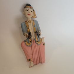 Vintage 9.5"in. Hand Carved Thai Wooden Musician Wall Hanging Made 
Thailand Green Pink. Pre-owned, very good shape, no chips or cracks. 
Display item