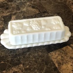 Vintage Milk glass butter dish grapevine design 