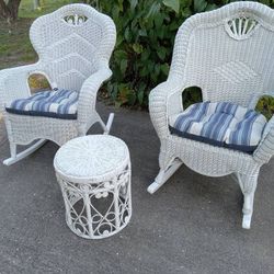 LOVELY PAIR OF WHITE WICKER ROCKING CHAIRS 