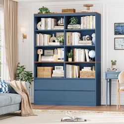 71" Bookshelf with Drawers, 6-Tier Double Wide Bookshelves and Bookcases with Storage, Tall Bookshelf Large Open Book Shelf Standing Book Case for Hom