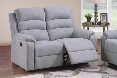 New Reclining Couch / Love Seat.  Grey / Dark Grey.  Burlap-like Fabric.  Free Delivery!