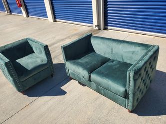 Green Velvet Tufted Loveseat and Chair Set