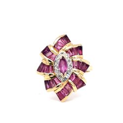 14K Yellow Gold Natural Ruby Starburst Fashion Ring | Marquise & Baguette 1.10 TCW, Size 7