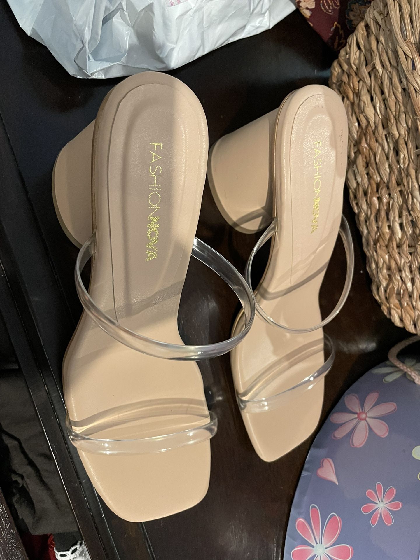 Clear Strap Beige Block Heel