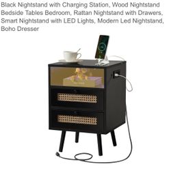 Black Nightstand with Charging Station, Wood Nightstand Bedside Tables Bedroom, Rattan Nightstand with Drawers, Smart Nightstand with LED Lights, Mode
