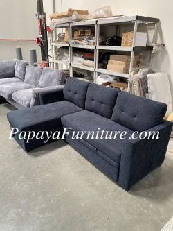 New Reversible Storage Chaise Sectional Couch Set Pullout Sleeper Sofa Bed Dark Blue Navy Black Grey Small Living Room Space Saving apartment Size BIG