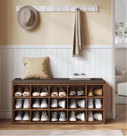 Shoe Bench, Storage Bench with Padded Seat, Entryway Bench with 15 Compartments, for Bedroom, 11.8 x 41.3 x 18.9 Inches, Rustic Brown and Chestnut Bro