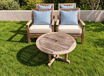 Gloster Teak Patio Set – Four Armchairs & Round Coffee Table – All New Cushion Covers