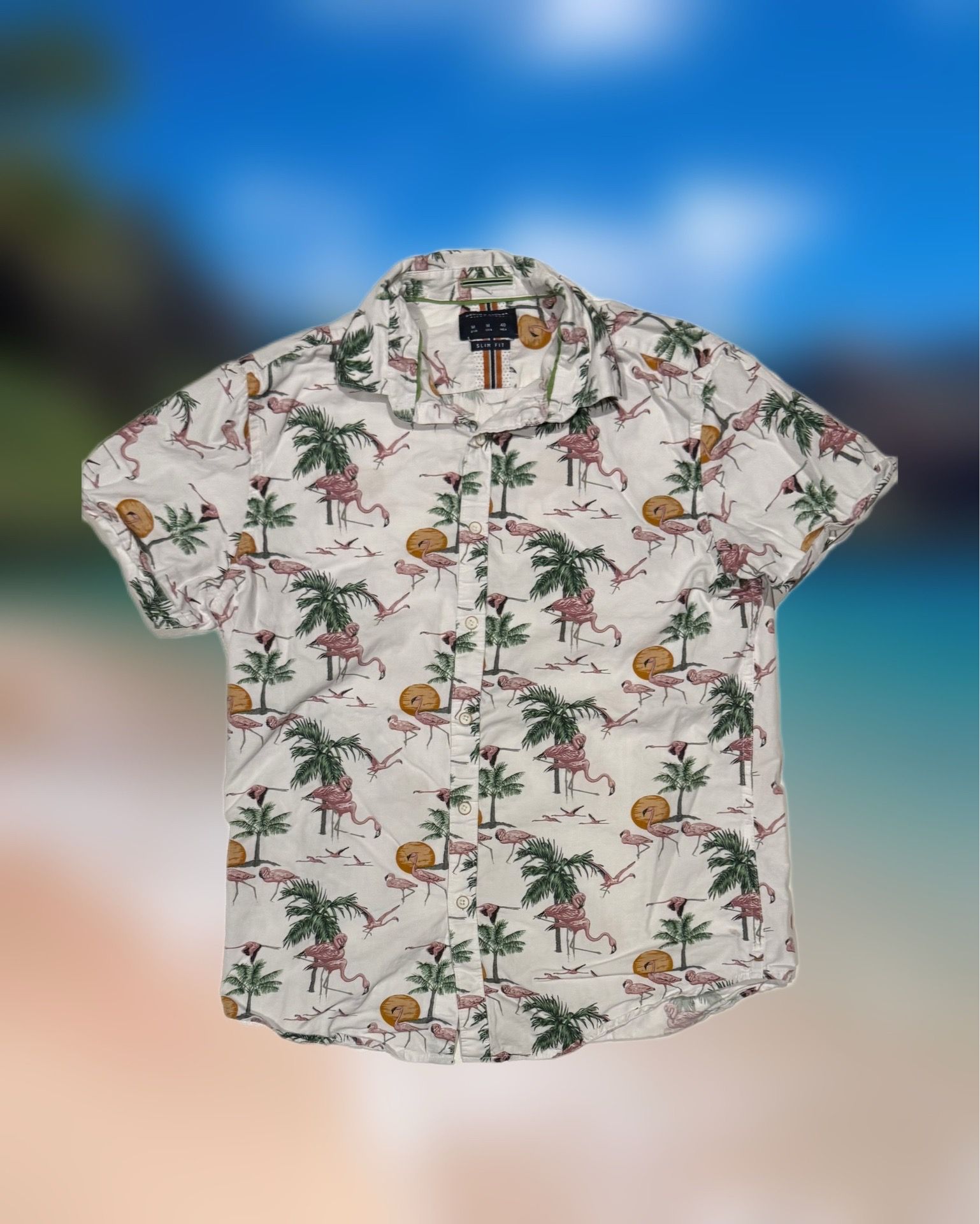 Denim & Flower Ricky Singh Men’s Size Medium Flamingo Button-Up Short Sleeve