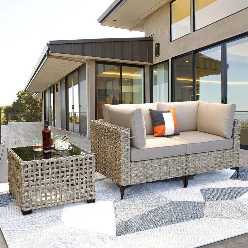 New Heavy Duty Ovios 3 Pieces Outdoor Patio Sectional Furniture Cushioned PE Rattan Wicker Chairs Conversation Set with Solar Lamps Coffee Table for B