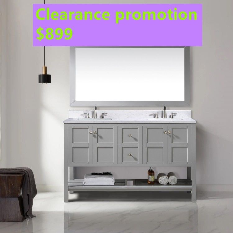 60 inch Cultured Marble Top Gray Bathroom Vanity with Shelf #20060 ON SALE