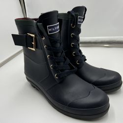 Tommy Hilfiger Rain Boots Womens Timone Lace Up Waterproof Rubber Black Size 8