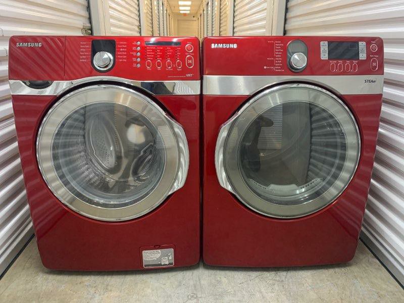 Red samsung vrt front load washer and electric dryer set with steam